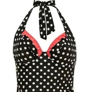 Women’s Black Polka Dot Tankini Bikini Set with Orange Trim